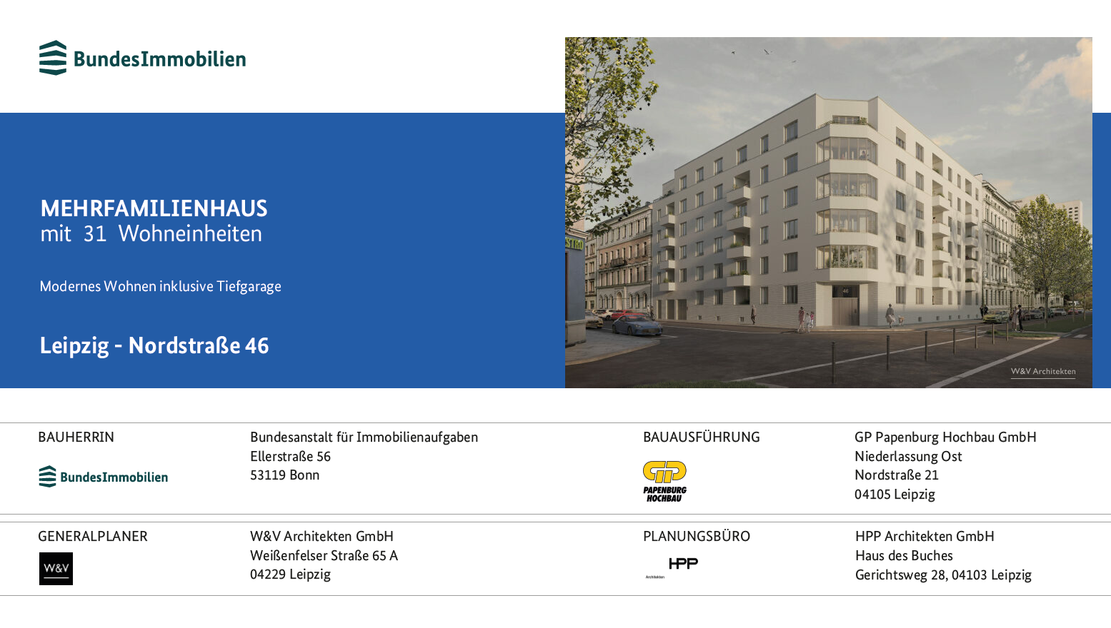 Abbildung eines Bauschilds mit Visualisierung eines Wohnblock und der Überschrift "Mehrfamilienhaus"