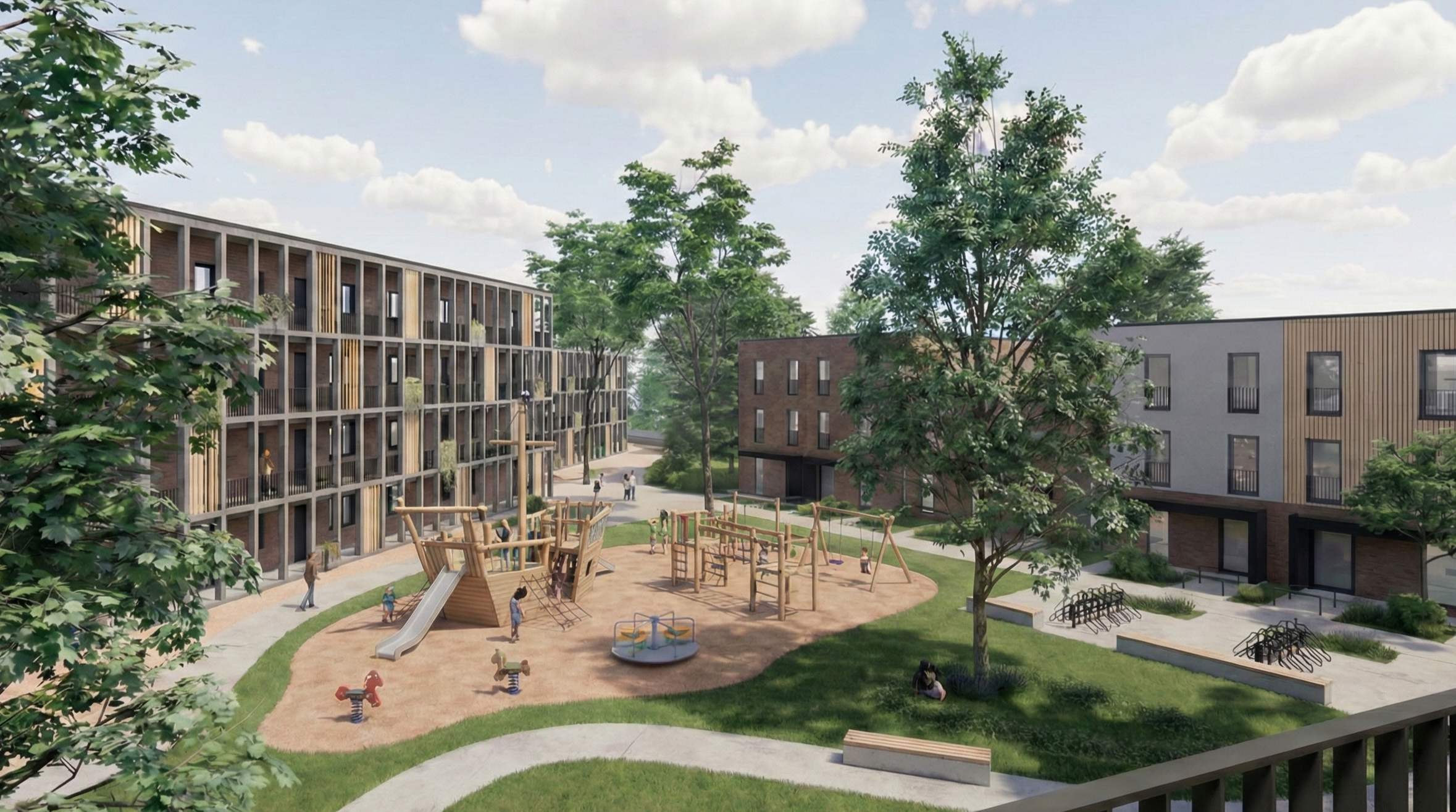 Visualisierung von modernen Wohngebäuden um einen Spielplatz