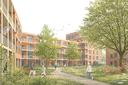 Visualisierung eines rotbraunen Wohnblocks mit grünem Innenhof