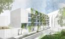 Visualisierung eines Wohnblocks mit grüner Fassade