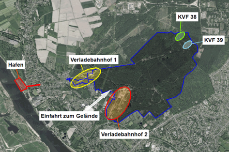 Karte aus Vogelperspektive mit Markierungen rund um das Tanklager Farge