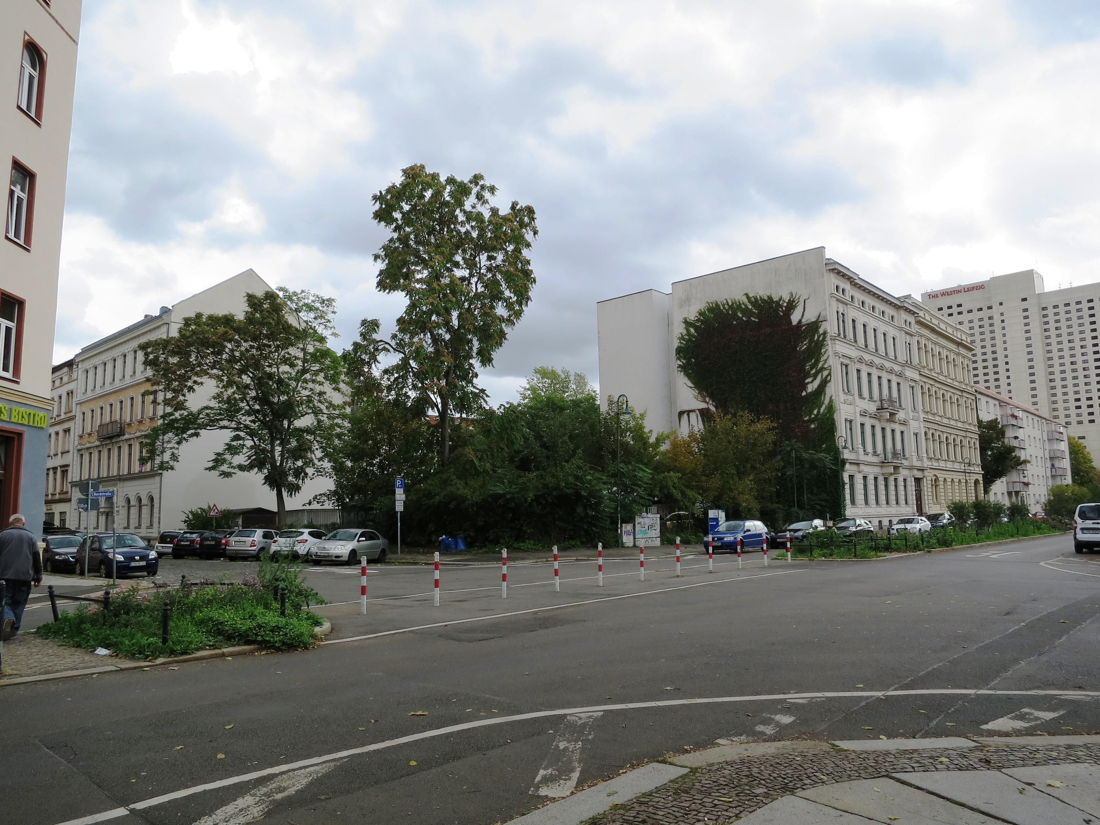 Blick auf asphaltierte Straße mit zwei Gebäuden an den beiden Ecken