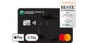 Die Consors Finanz Mastercard® mit den Apple Pay und Google Pay Logos und einem Handelsblatt-Siegel, das die Kreditkarte als „Sehr gut" auszeichnet.