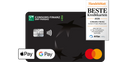Die Consors Finanz Mastercard® mit den Apple Pay und Google Pay Logos und einem Handelsblatt-Siegel, das die Kreditkarte als „Sehr gut" auszeichnet.
