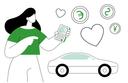 Illustration einer Person, die ein Smartphone hält und auf ein Auto zeigt. Um die Figur herum schweben Symbole wie Herzen sowie Währungszeichen in Euro, Dollar und Yen