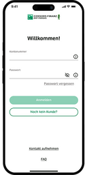 Das Bild zeigt die Anmeldung in der Banking-App vor Eingabe des individuellen Passworts. 