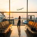 Frau steht im Terminal eines Flughafens und blickt auf das Rollfeld