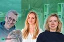 Auf dem Bild sind drei Mitarbeiter:innen von Consors Finanz, Christian, Sara und Agnes, zu sehen. Christian hält einen Igel in den Händen und im Hintergrund ist eine Streuobstwiese zu sehen. Hinter Sara sieht man Kleiderständer und hinter Agnes sieht man Säulen zum Laden von E-Autos.