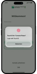 Das Bild zeigt den Sperrbildschirm der Banking-App vor der Bestätigung der Touch-ID.