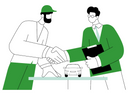 Illustration von zwei Personen, die sich über einem Tisch die Hand geben. Eine Person hält einen Ordner, die andere trägt eine Kappe. Auf dem Tisch steht ein kleines Auto-Modell, das auf einen Fahrzeugkauf oder -vertrag hinweist.