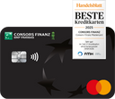 Die Consors Finanz Mastercard® mit einem Handelsblatt-Siegel, das die Kreditkarte als "Sehr gut" auszeichnet.