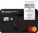 Die Consors Finanz Mastercard® mit einem Handelsblatt-Siegel, das die Kreditkarte als "Sehr gut" auszeichnet.
