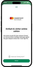 Ein Smartphone mit der geöffneten Consors Finanz Banking-App. Es wird eine Aufforderung angezeigt, Online-Zahlungen per Mastercard ID Check abzusichern. 