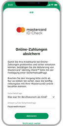 Ein Smartphone mit der geöffneter Consors Finanz App. Es wird eine Aufforderung angezeigt, Online-Zahlungen per Mastercard ID Check abzusichern.
