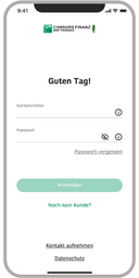Ein Smartphone, das die Login-Seite der Consors Finanz App anzeigt.