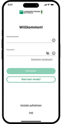 Ein Smartphone, das die Login-Seite der Consors Finanz Banking-App anzeigt.