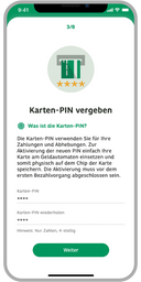 Ein Smartphone mit der geöffneter Consors Finanz App. Es wird eine Aufforderung einen Karten-PIN zu vergeben angezeigt.