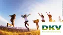 Group of friends running and jumping at a mountain in front of the sunset with clientlogo DKV