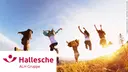 Group of friends running and jumping at a mountain in front of the sunset with clientlogo Hallesche
