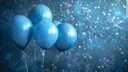 Five blue balloons against a blue background with glittering confetti.
