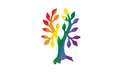 Thieme tree symbol in rainbow colors with branching limbs on a white background.
