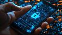 eine Hand hält ein Handy vor Datengewirr