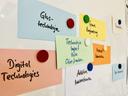 Bunte beschriftete Zettel auf einem Whiteboard