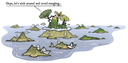 Eine Karrikatur einer Insel mit einer Sprechblase in der steht "Guys, let's stick around and avoid mingling...". Die Insel ist umrandet von weiteren kleinen Inseln und Figuren mit Papierboten 
