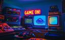 Many bright screens displaying computer games, with a neon sign above them reading “GAME ON!”