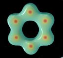 Aromatischer Hexarinring: eine hellblaue sternartige Ringform mit rot-gelben Punkten