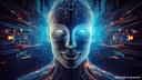Symbolic image of artificial intelligence: outline of a person with glowing eyes and filled with glowing connecting lines