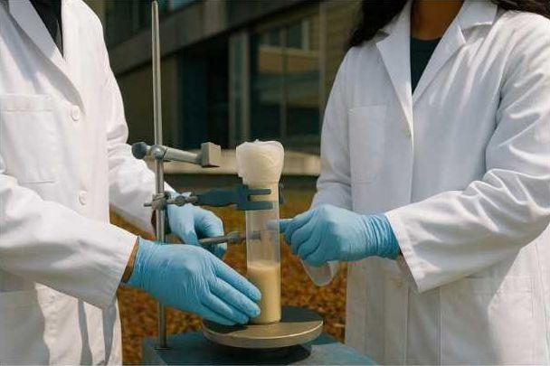 Forschende im Laborkittel mit dem Photokatalysator für saubere Wasserstoffgewinnung