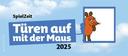 Maus Door Opener Day 2025: Lettering “SpielZeit. Doors open with the mouse 2025.” and the mouse in front of a sky background