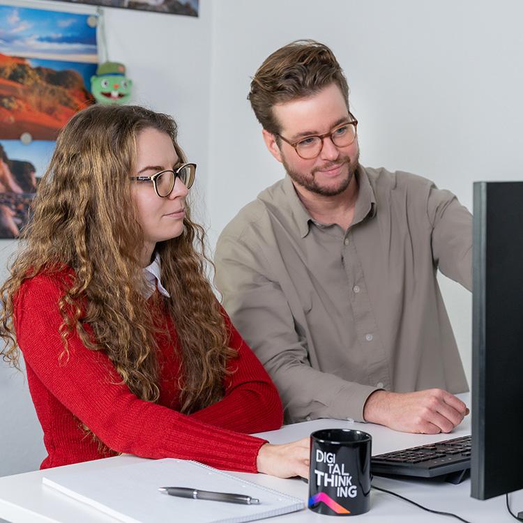 Pinuts-Mitarbeiter arbeiten gemeinsam an Rechner