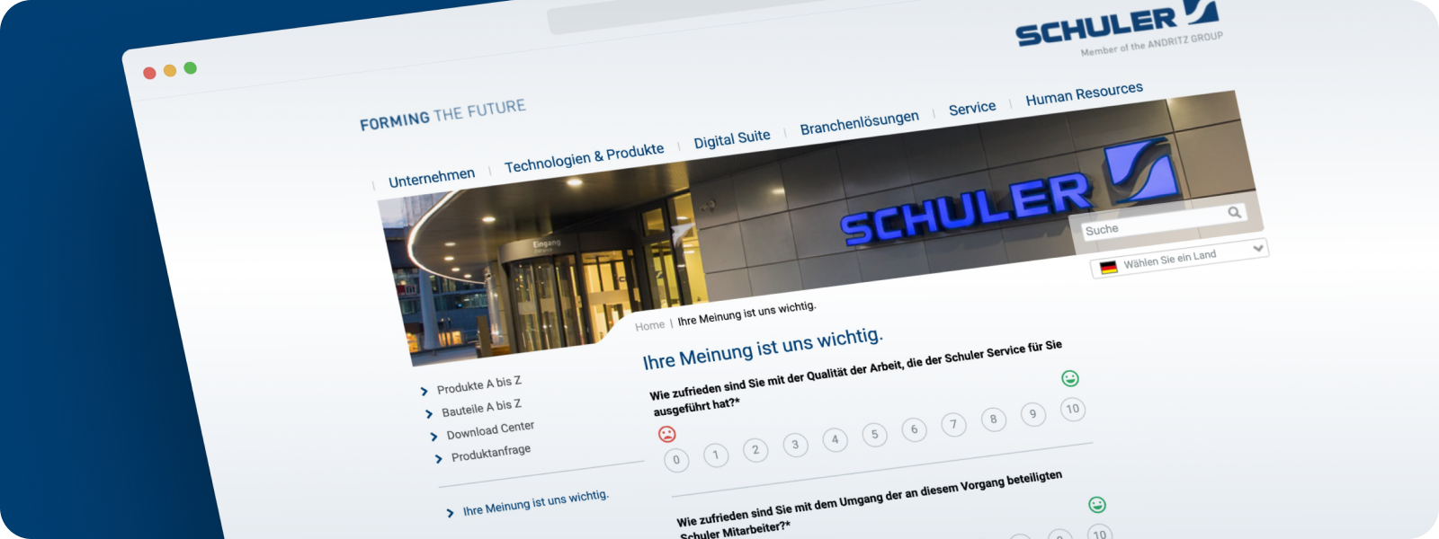 Screenshot mit einer Umfrage zur Kundenzufriedenheit der Schuler Group