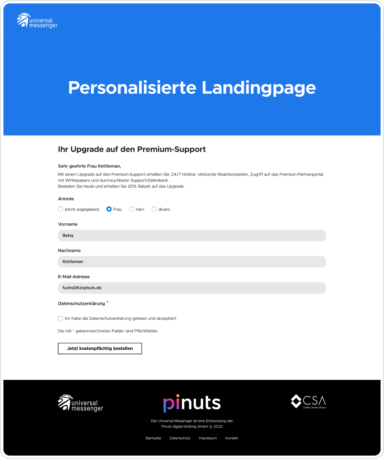 Abbildung - Buchung des Premium Support über personalisierte Landingpage