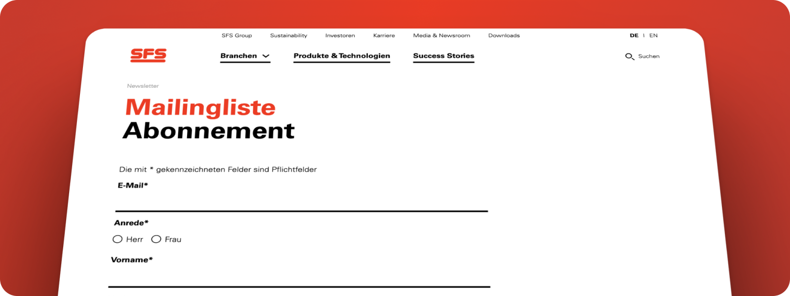 Newsletteranmeldeformular der SFS Group