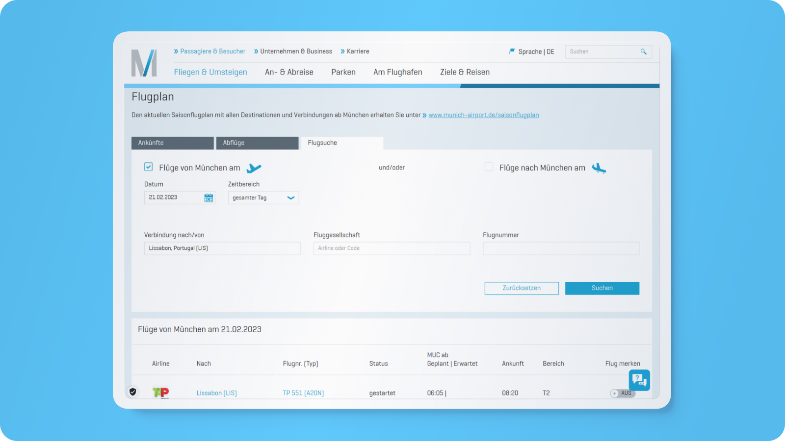 Screenshot Website Flughafen München Flugsuche