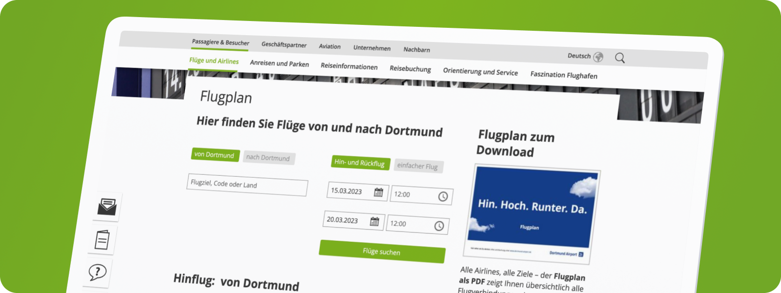 Ausschnitt der Website Flugsuche beim Flughafen Dortmund