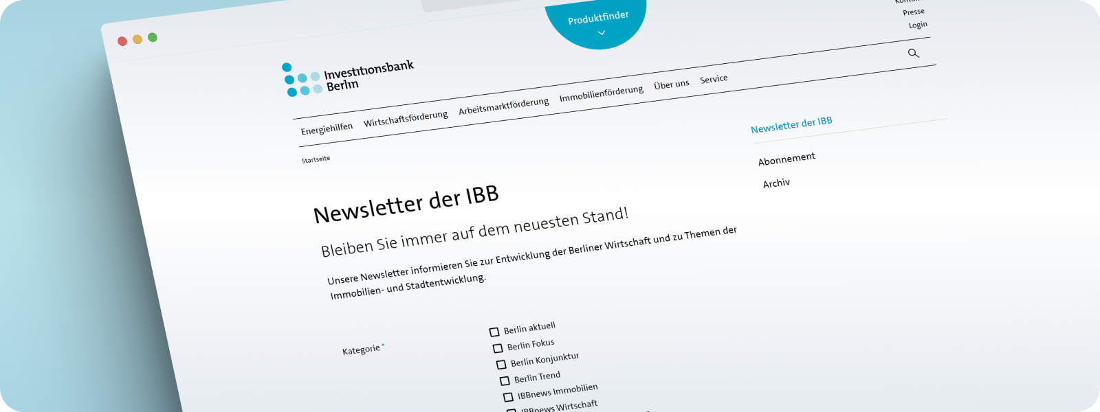 Screenshot Website Investitionsbank Berlin (IBB) mit Formular zur Newsletteranmeldung