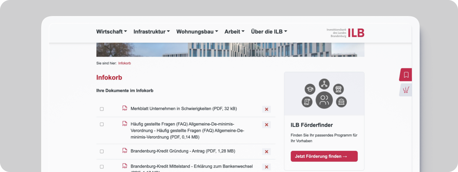 Screenshot zeigt Infokorb mit ausgewählten PDF-Dokumenten auf der Website der Investitionsbank des Landes Brandenburg