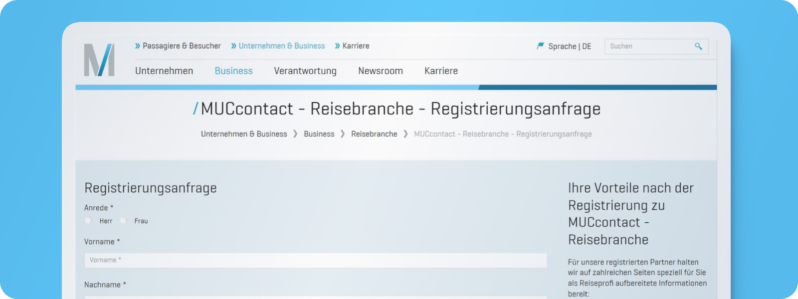 Screenshot Website Flughafen München Registrierung im B2B-Portal