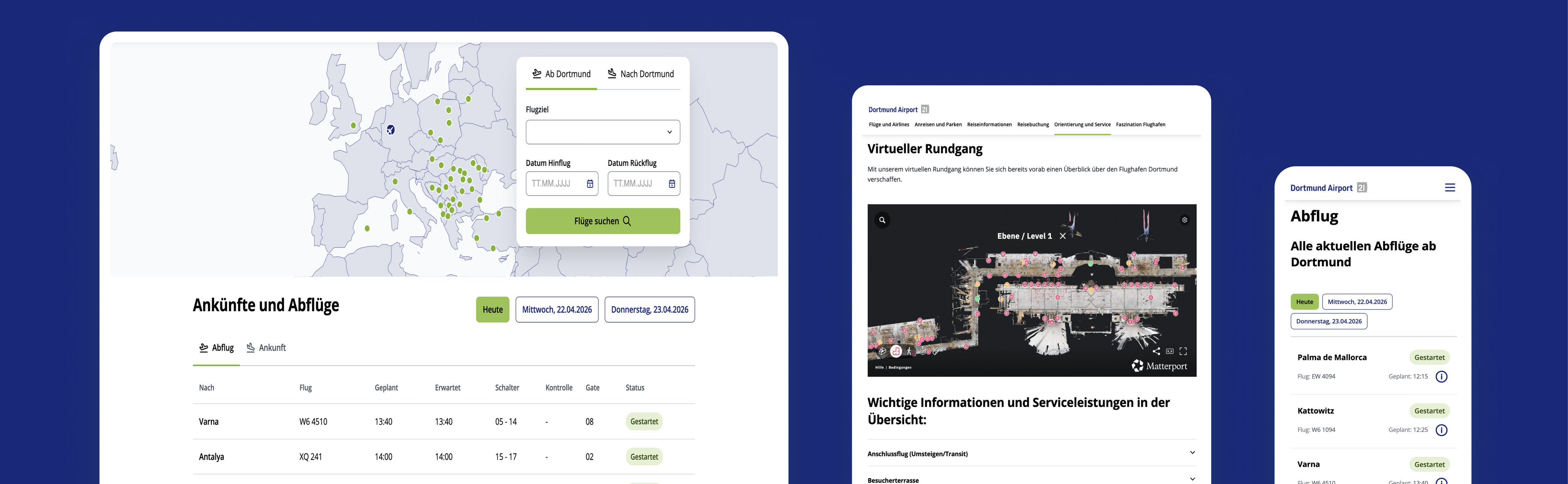 Screenshots der Dortmund Airport Website mit Flugsuche, Abflugtafel, virtuellem Terminal-Rundgang und mobiler Ansicht