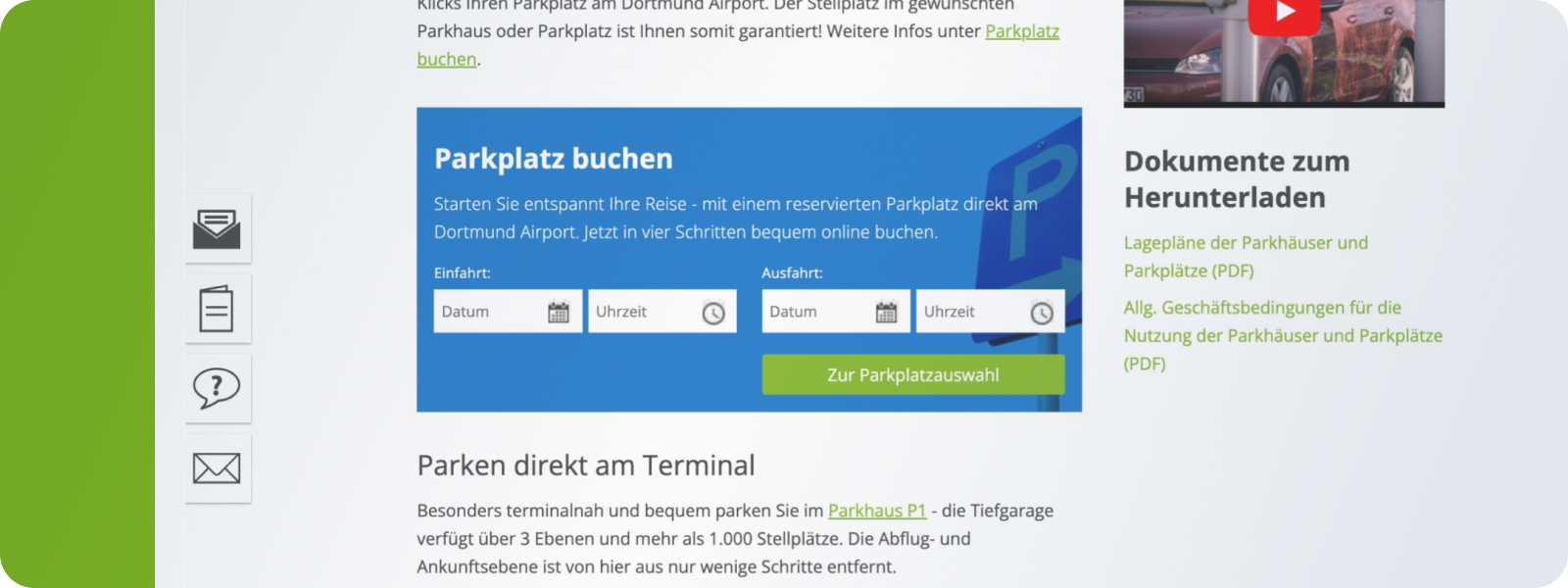 Ausschnitt Website Parkplatz buchen beim Flughafen Dortmund