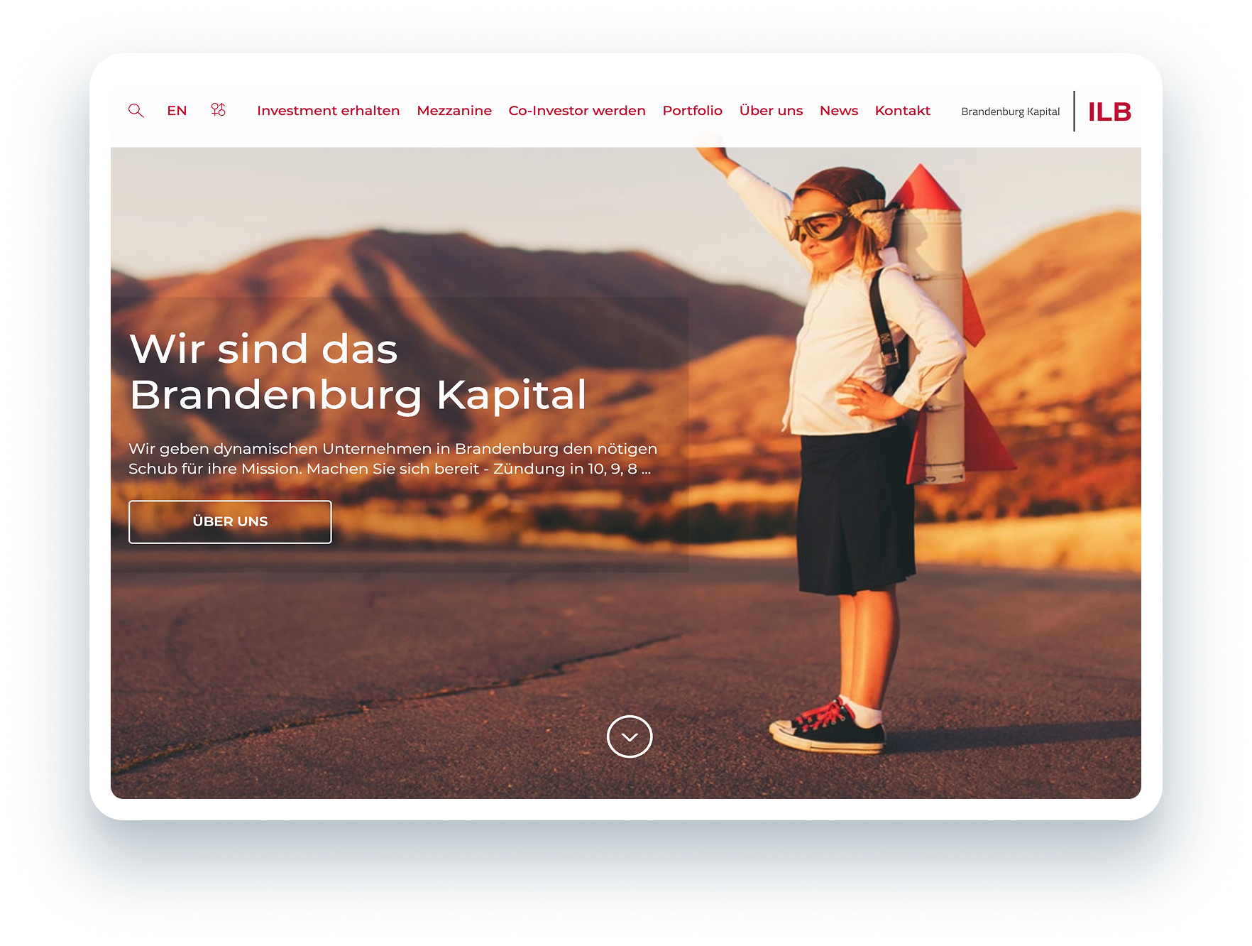 Eine Unterseite der ILB im Tabletformat. Gezeigt wird ein großes Bild mit einem Kind welches eine kleine Rakete trägt mit dem Titel "Wir sind das Brandenburg Kapital".