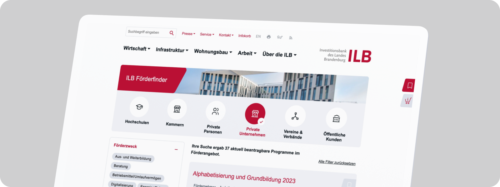 Screenshot Förderfinder der Investitionsbank des Landes Brandenburg