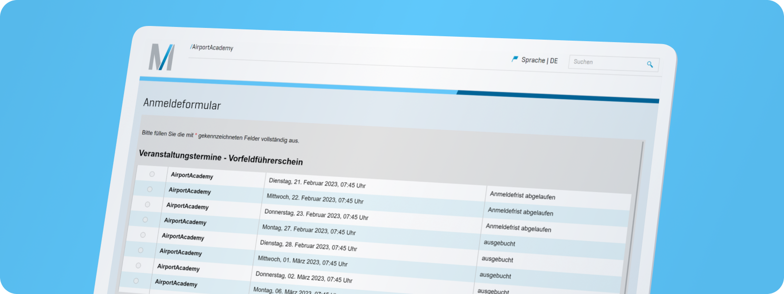 Screenshot Website Flughafen München Anmeldung zur Schulung Vorfeldführerschein