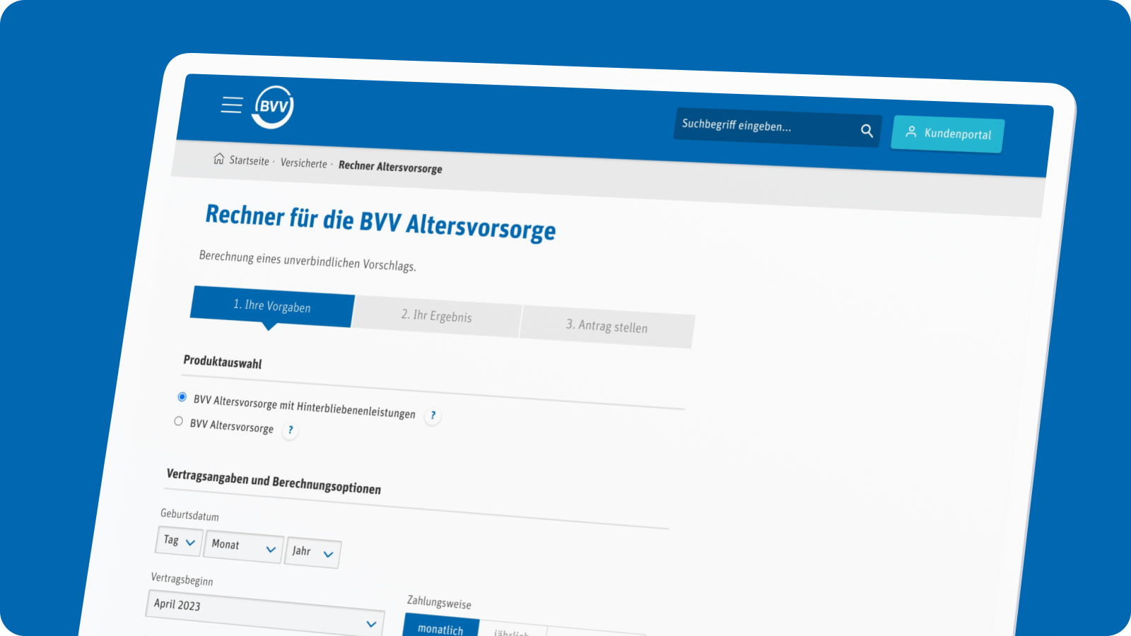 Screenshot mit Tarifrechner der BVV Versicherungsverein des Bankgewerbes a. G.