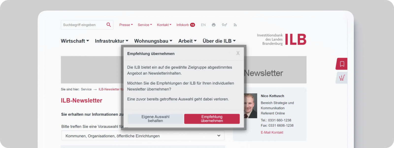 Screenshot zeigt Abonnieren des Newsletters auf der Website der Investitionsbank des Landes Brandenburg