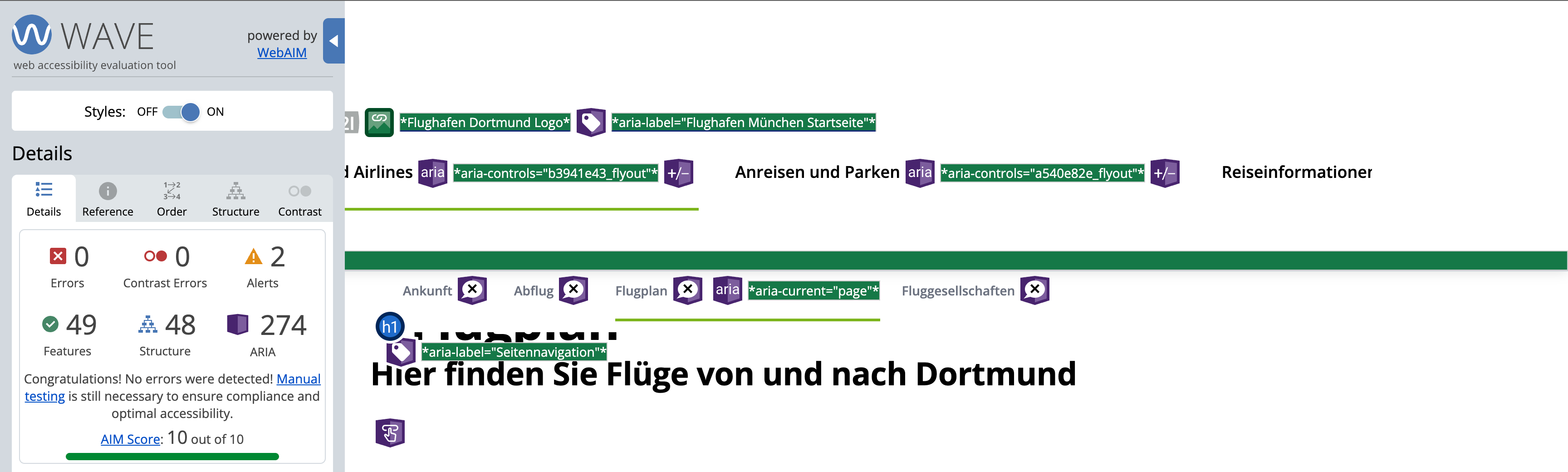 WAVE Accessibility Tool zeigt 0 Errors und AIM Score 10/10 für die Dortmund Airport Website